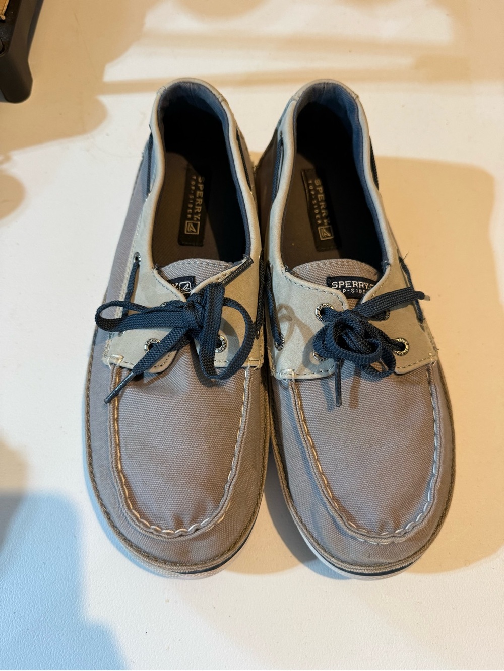 Sperry Gray Canvas Boat Shoes with Navy Laces